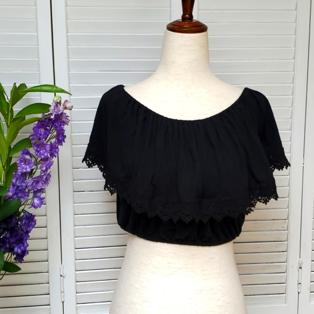 Hollister Size S Black Lace Trimmed Cropped Top. - Picture 2 of 7